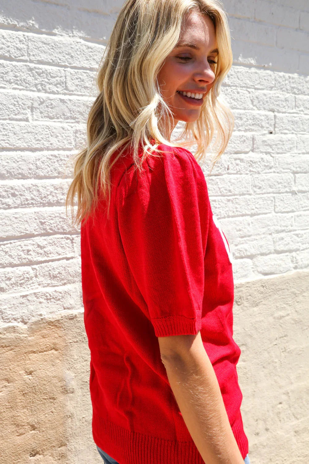 Patriotic USA Red Knit Embroidery Puff Sleeve Sweater Top | Daverri Fashions