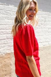 Patriotic USA Red Knit Embroidery Puff Sleeve Sweater Top | Daverri Fashions