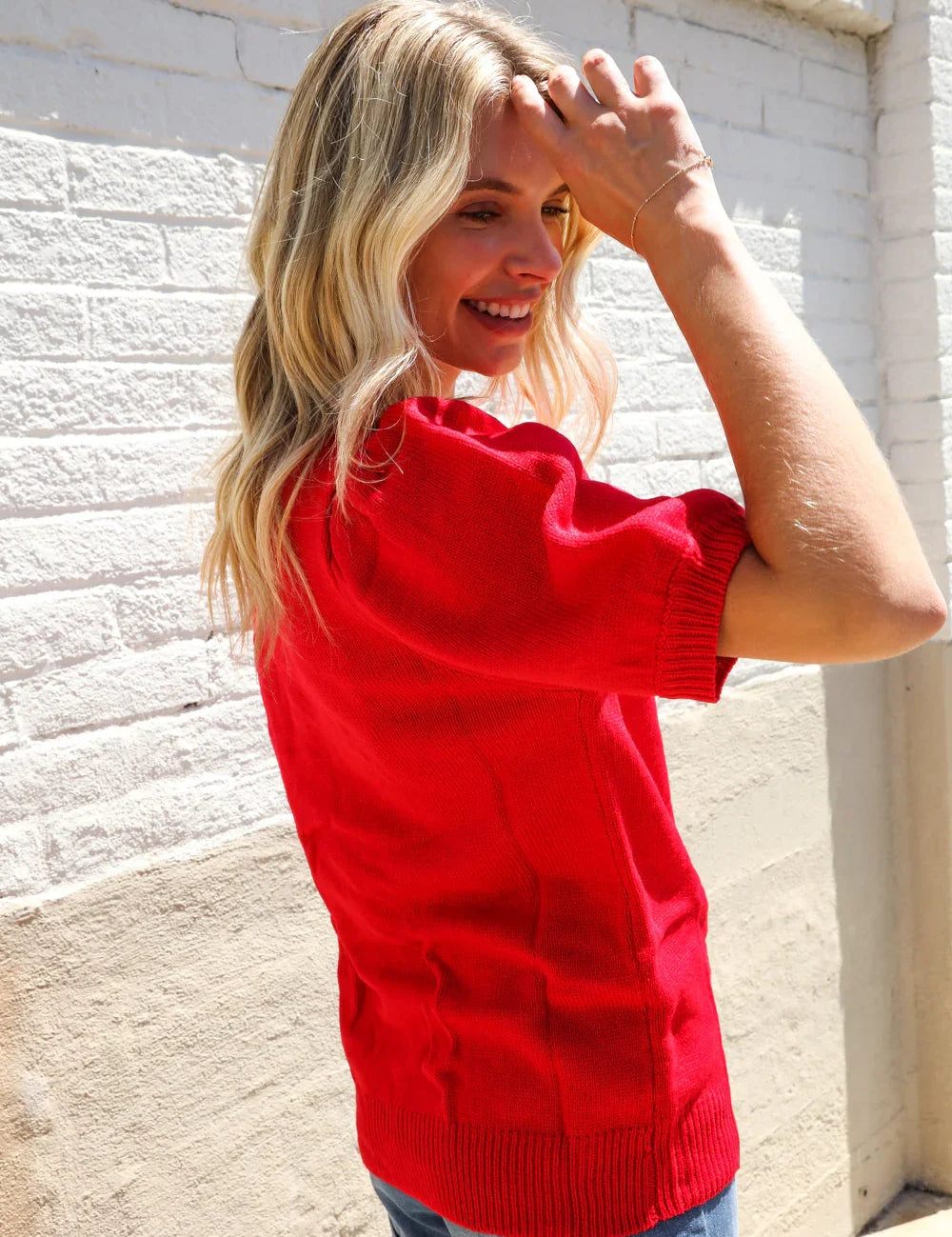 Patriotic USA Red Knit Embroidery Puff Sleeve Sweater Top | Daverri Fashions