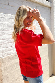 Patriotic USA Red Knit Embroidery Puff Sleeve Sweater Top | Daverri Fashions