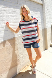 Feeling Festive Red White & Blue Striped Crochet Sweater Top | Daverri Fashions