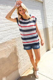 Feeling Festive Red White & Blue Striped Crochet Sweater Top | Daverri Fashions