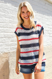Feeling Festive Red White & Blue Striped Crochet Sweater Top | Daverri Fashions
