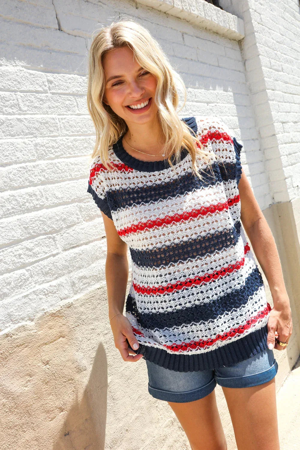 Feeling Festive Red White & Blue Striped Crochet Sweater Top - DAVERRI FASHIONS