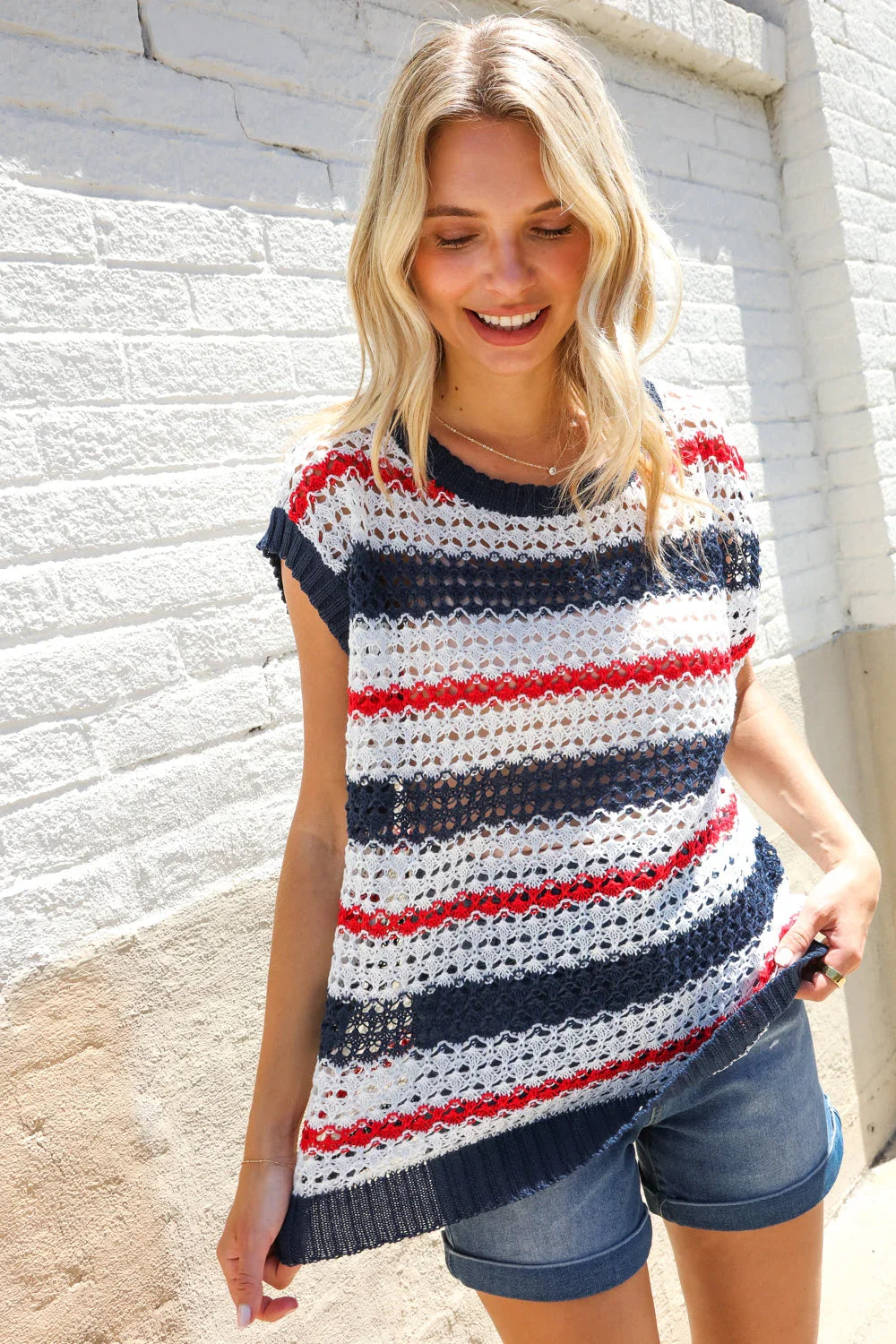 Feeling Festive Red White & Blue Striped Crochet Sweater Top | Daverri Fashions