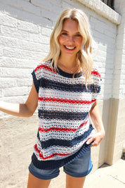 Feeling Festive Red White & Blue Striped Crochet Sweater Top | Daverri Fashions
