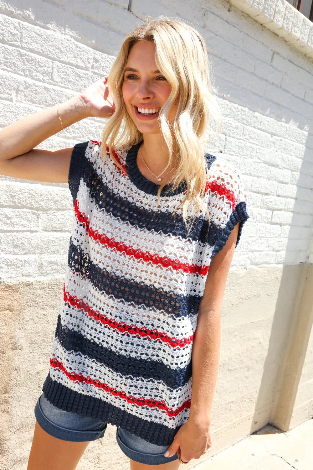 Feeling Festive Red White & Blue Striped Crochet Sweater Top | Daverri Fashions