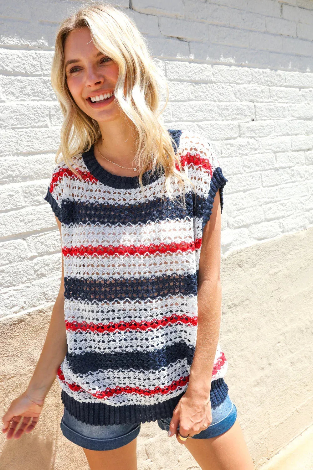 Feeling Festive Red White & Blue Striped Crochet Sweater Top - DAVERRI FASHIONS