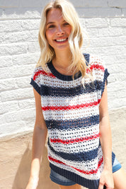 Feeling Festive Red White & Blue Striped Crochet Sweater Top | Daverri Fashions