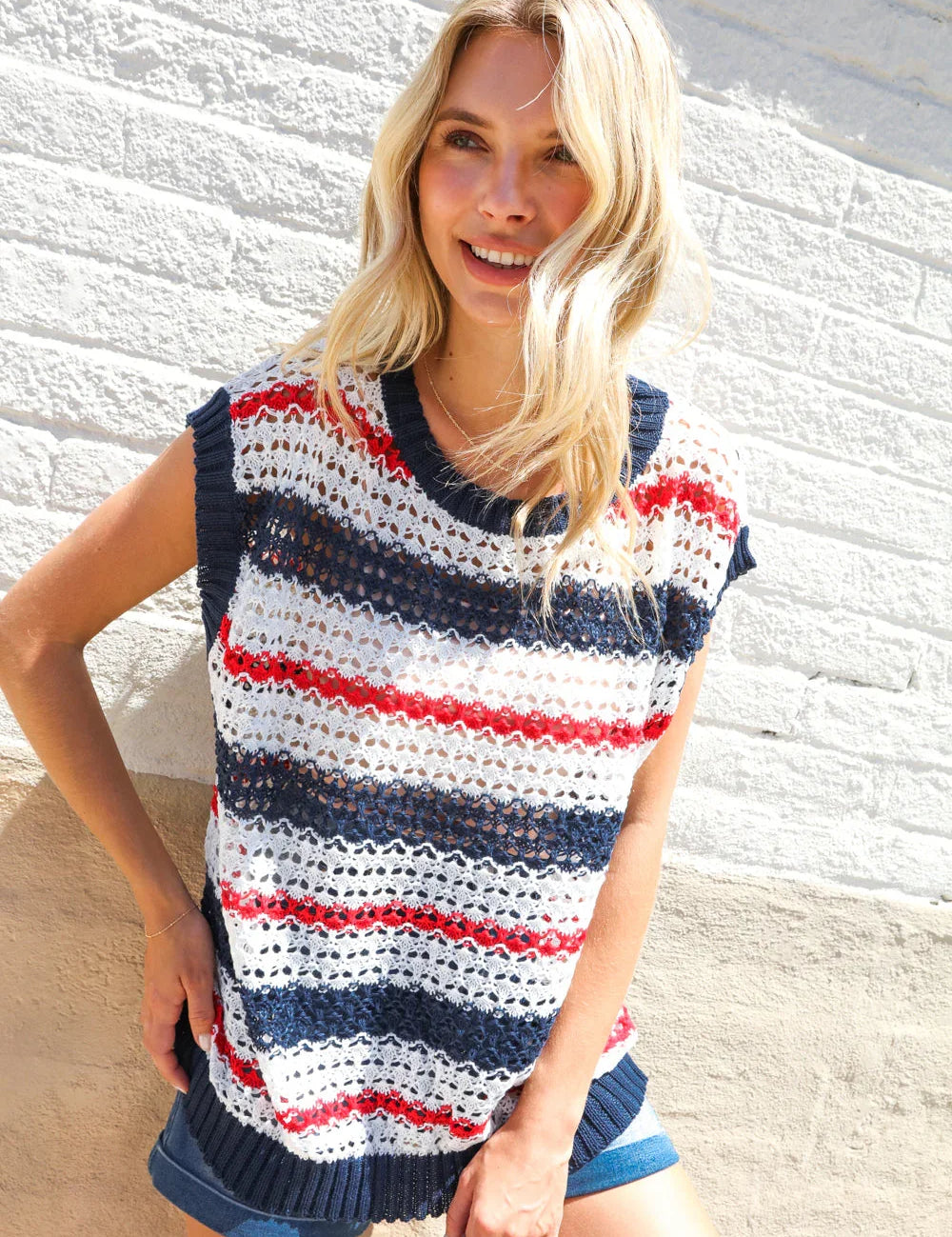 Feeling Festive Red White & Blue Striped Crochet Sweater Top | Daverri Fashions
