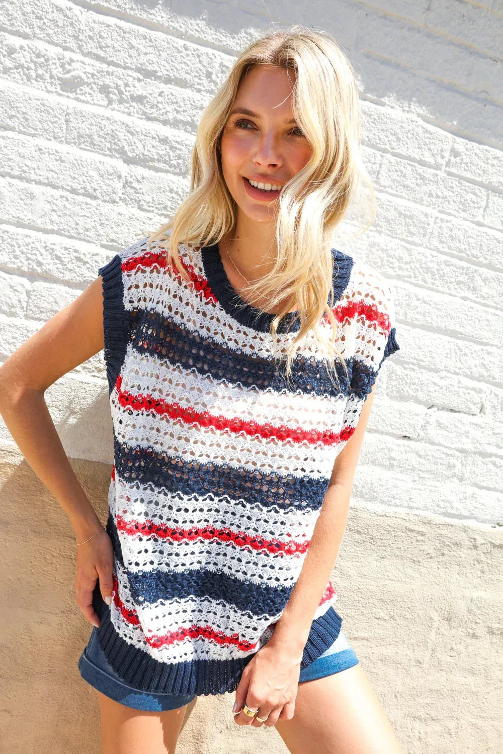 Feeling Festive Red White & Blue Striped Crochet Sweater Top - DAVERRI FASHIONS