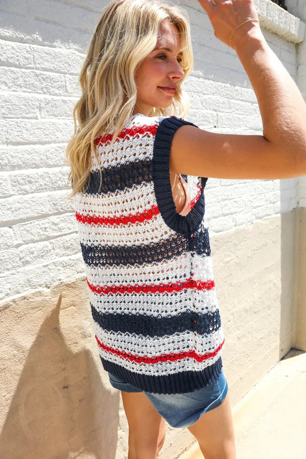 Feeling Festive Red White & Blue Striped Crochet Sweater Top - DAVERRI FASHIONS