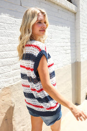 Feeling Festive Red White & Blue Striped Crochet Sweater Top | Daverri Fashions