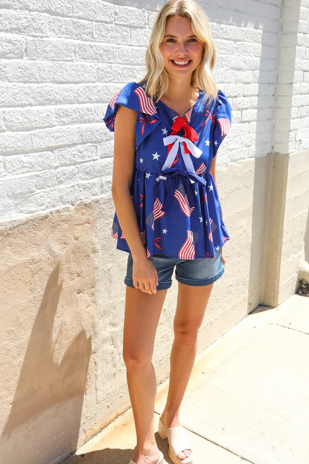 American Flag Blue & Red Stars & Bow Print Woven Top | Daverri Fashions