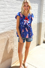 American Flag Blue & Red Stars & Bow Print Woven Top | Daverri Fashions