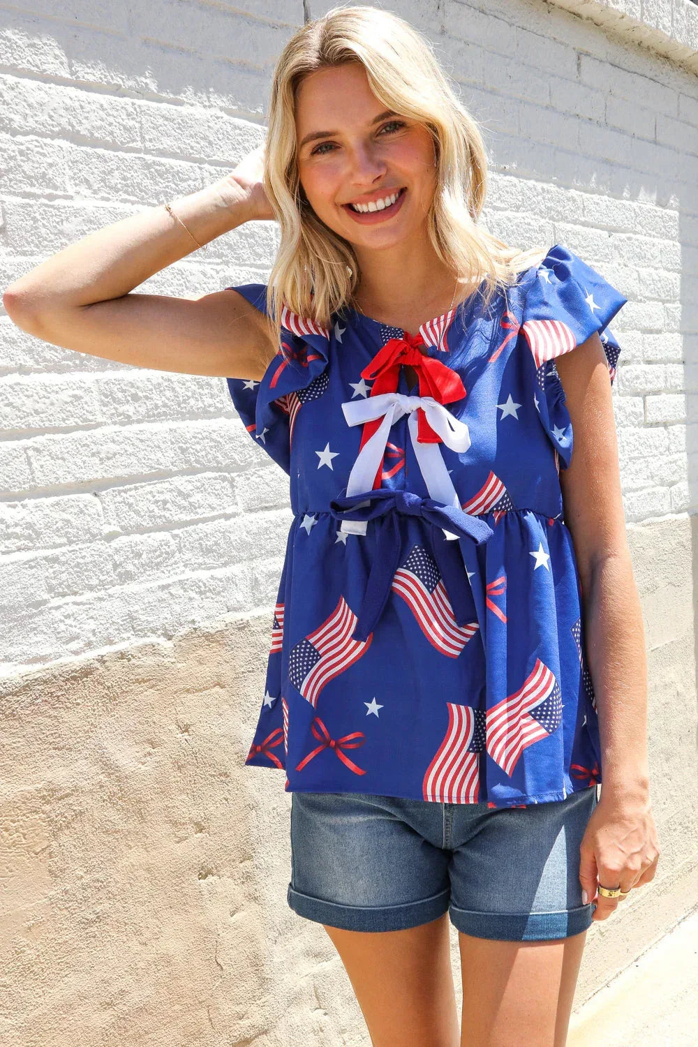 American Flag Blue & Red Stars & Bow Print Woven Top - DAVERRI FASHIONS