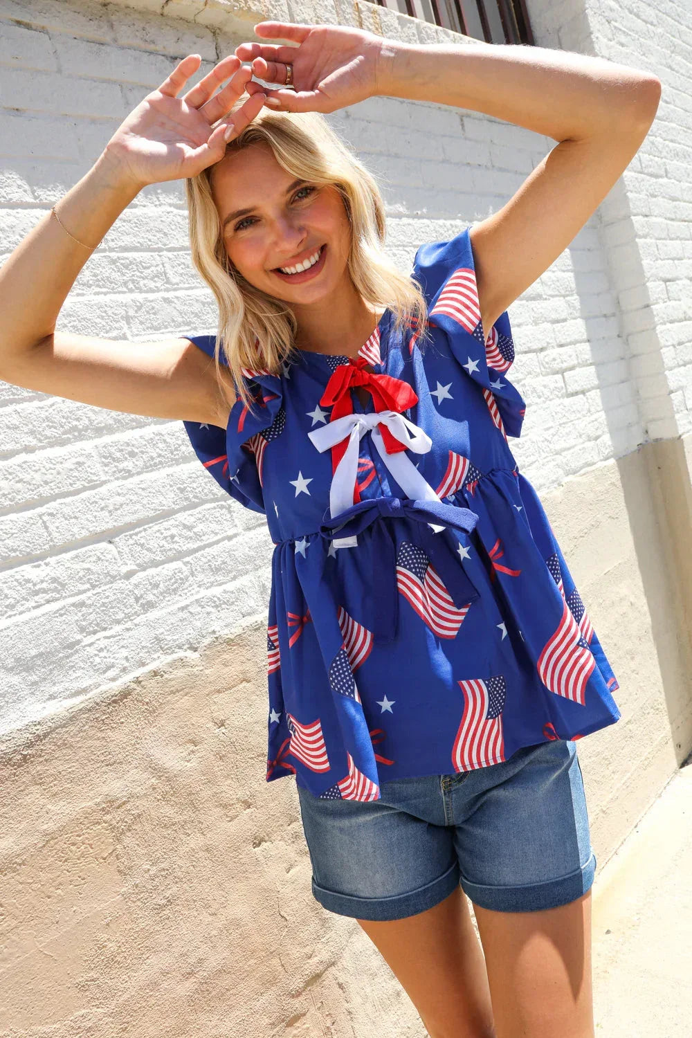 American Flag Blue & Red Stars & Bow Print Woven Top - DAVERRI FASHIONS