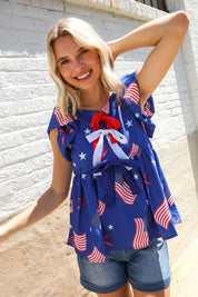 American Flag Blue & Red Stars & Bow Print Woven Top | Daverri Fashions
