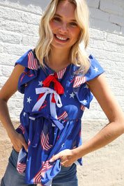 American Flag Blue & Red Stars & Bow Print Woven Top | Daverri Fashions