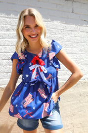 American Flag Blue & Red Stars & Bow Print Woven Top | Daverri Fashions