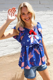 American Flag Blue & Red Stars & Bow Print Woven Top | Daverri Fashions