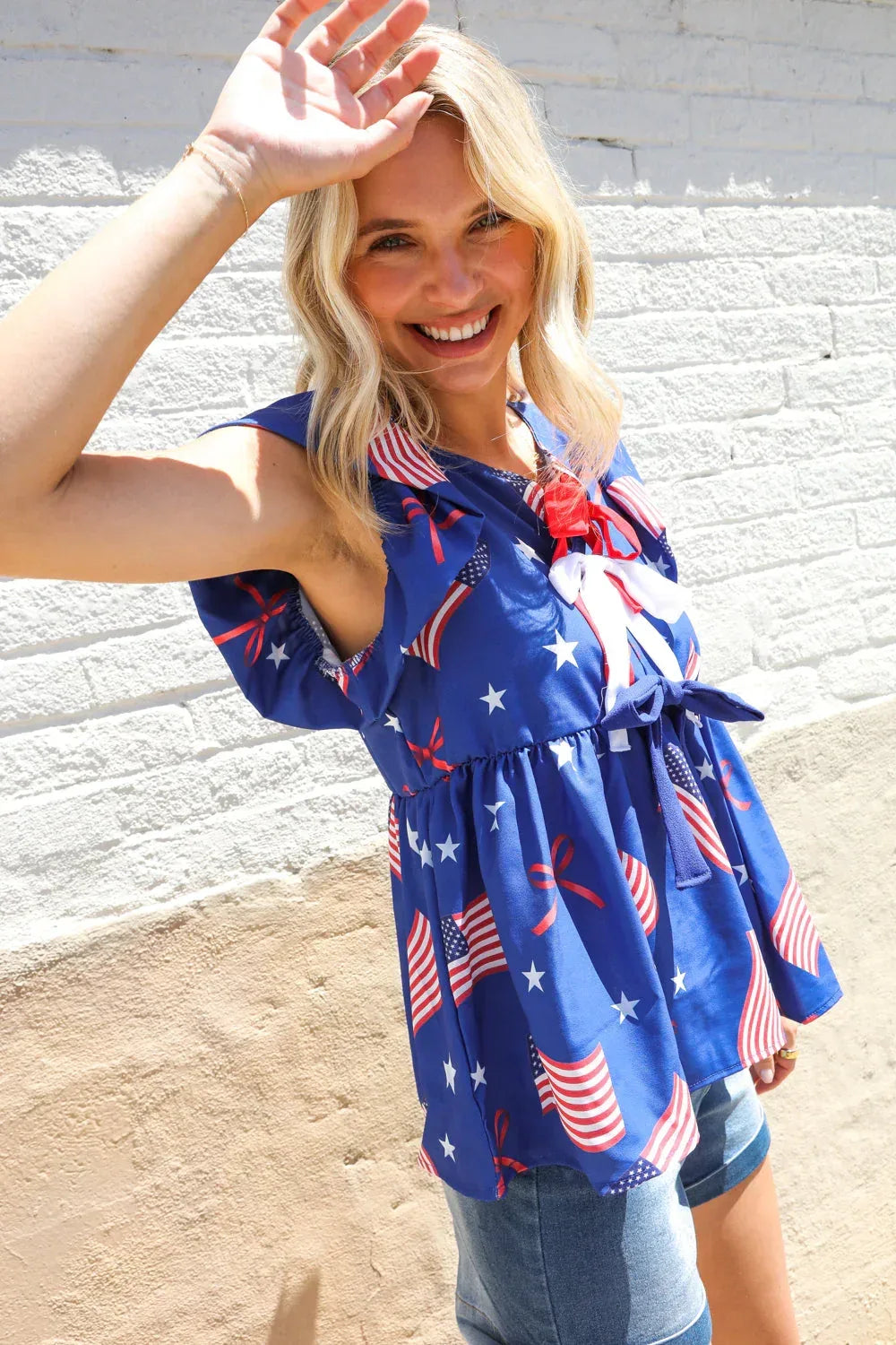 American Flag Blue & Red Stars & Bow Print Woven Top - DAVERRI FASHIONS