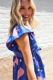 American Flag Blue & Red Stars & Bow Print Woven Top | Daverri Fashions