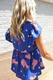 American Flag Blue & Red Stars & Bow Print Woven Top | Daverri Fashions