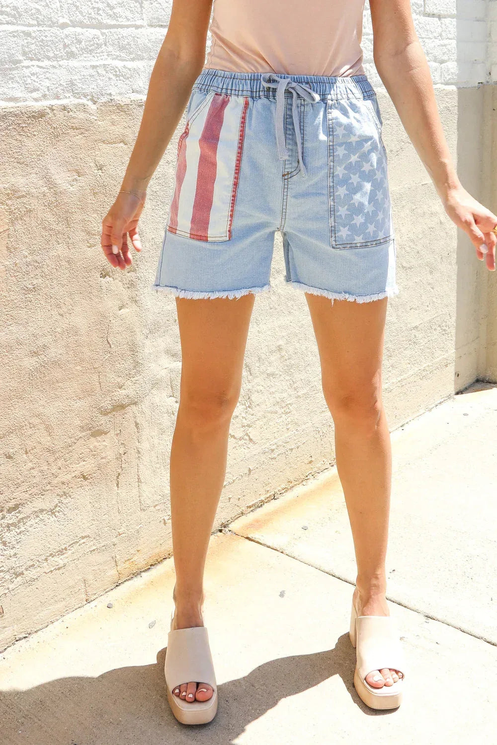 Adorable You High Rise Stars & Stripes Pocket Drawstring Shorts - DAVERRI FASHIONS