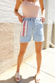 Adorable You High Rise Stars & Stripes Pocket Drawstring Shorts | Daverri Fashions