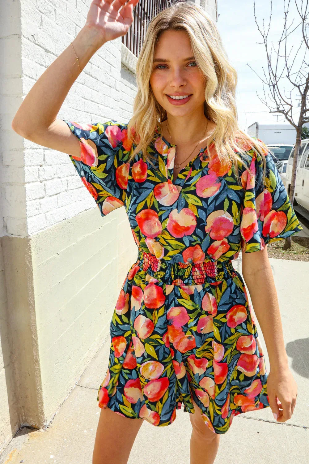 Sunny Days Floral Print Smocked Waist Back Neck Button Romper - DAVERRI FASHIONS