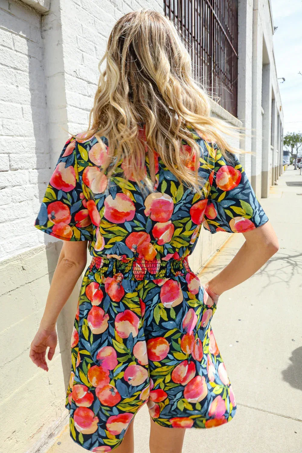 Sunny Days Floral Print Smocked Waist Back Neck Button Romper - DAVERRI FASHIONS