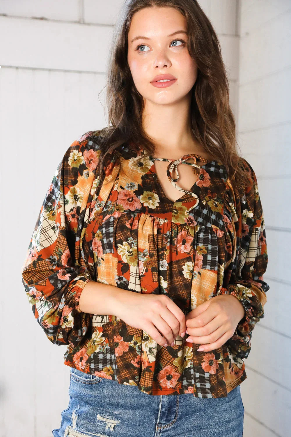 Apple Cider Patchwork Print Blouse | Daverri Fashions
