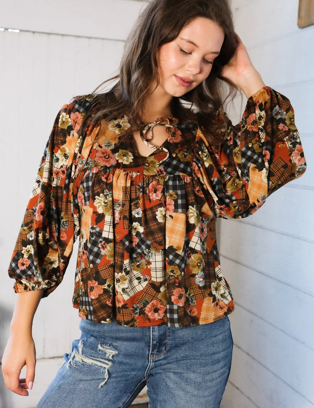 Apple Cider Patchwork Print Blouse | Daverri Fashions