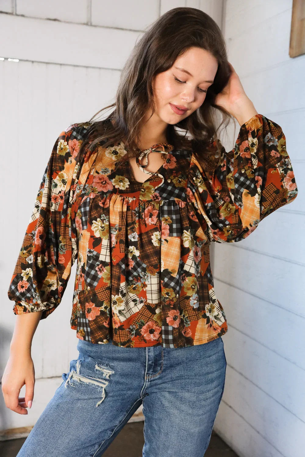 Apple Cider Patchwork Print Blouse | Daverri Fashions