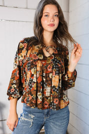 Apple Cider Patchwork Print Blouse | Daverri Fashions