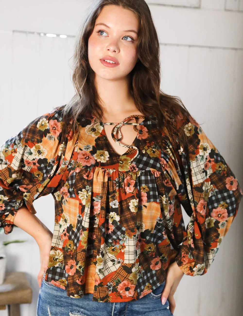 Apple Cider Patchwork Print Blouse | Daverri Fashions