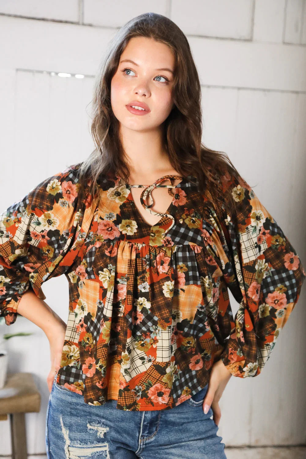 Apple Cider Patchwork Print Blouse | Daverri Fashions