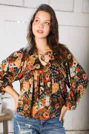 Apple Cider Patchwork Print Blouse | Daverri Fashions