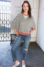 A Stripe Story Rust Crew Neck Pullover | Daverri Fashions