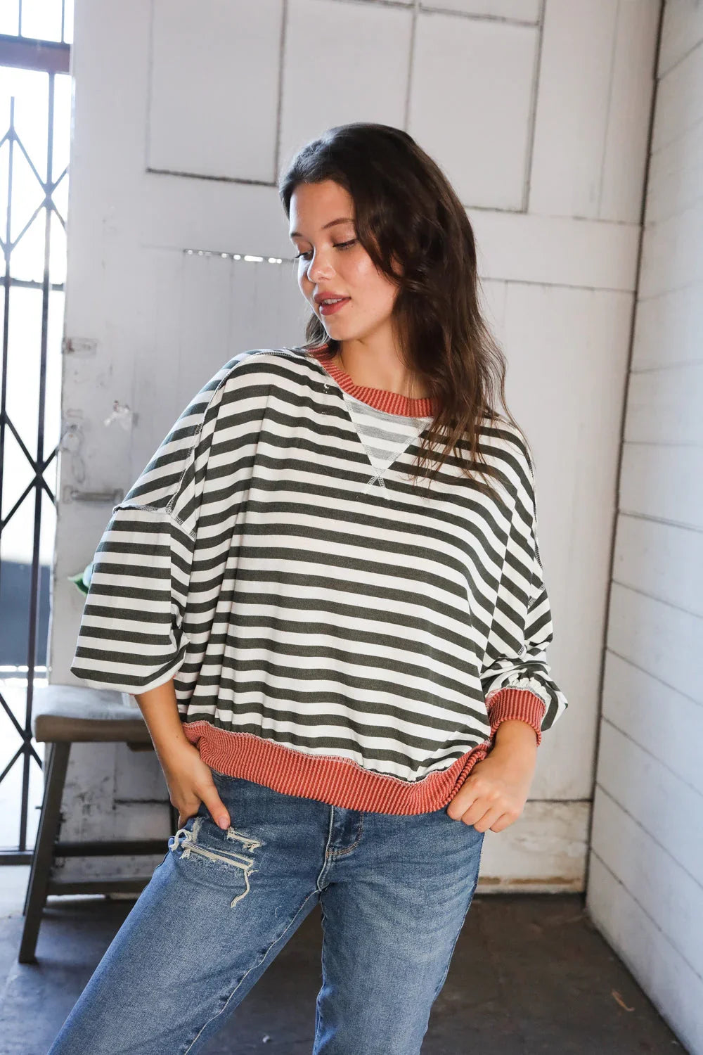 A Stripe Story Rust Crew Neck Pullover | Daverri Fashions