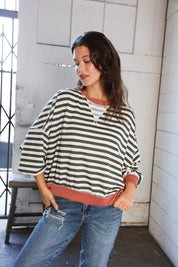 A Stripe Story Rust Crew Neck Pullover | Daverri Fashions