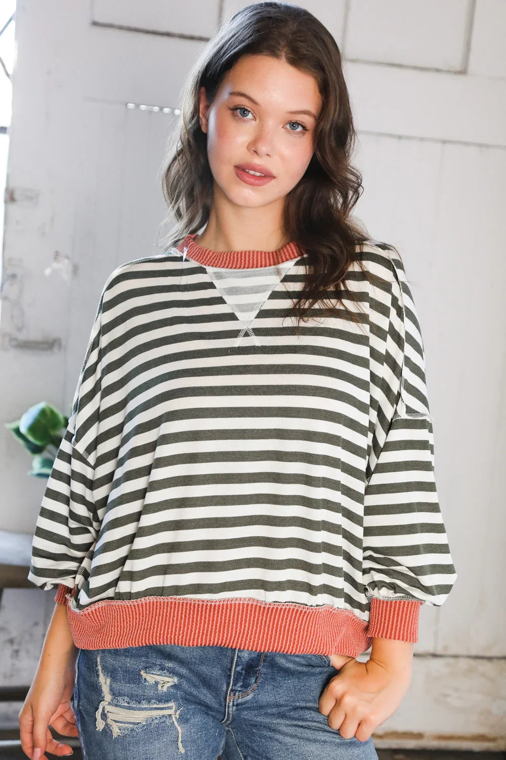 A Stripe Story Rust Crew Neck Pullover | Daverri Fashions