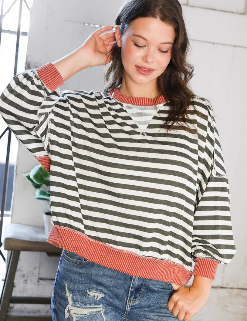 A Stripe Story Rust Crew Neck Pullover | Daverri Fashions
