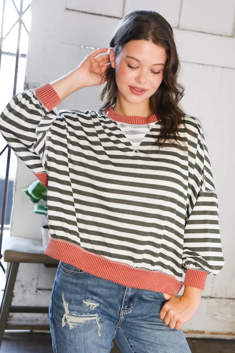 A Stripe Story Rust Crew Neck Pullover | Daverri Fashions