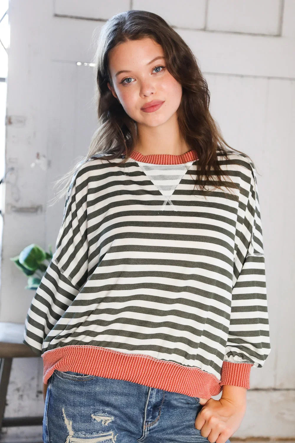 A Stripe Story Rust Crew Neck Pullover | Daverri Fashions