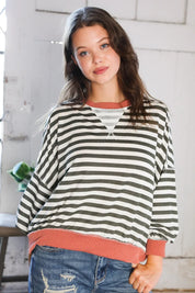 A Stripe Story Rust Crew Neck Pullover | Daverri Fashions