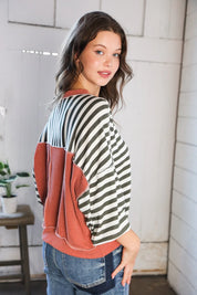 A Stripe Story Rust Crew Neck Pullover | Daverri Fashions