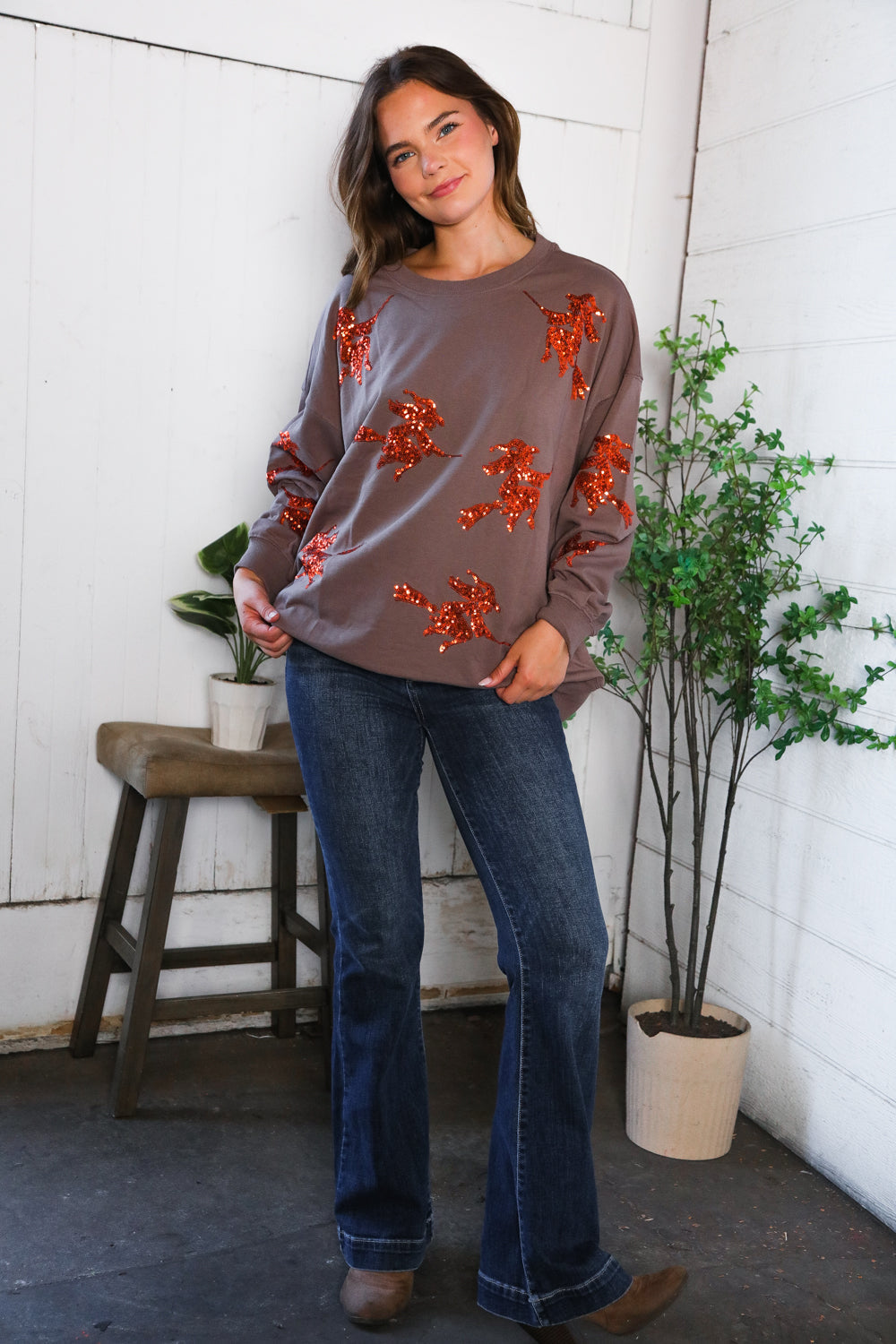 Taupe Sequins and Spells Spooky Pullover with orange sequin florals