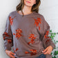 Cozy taupe Sequins and Spells Spooky Pullover with orange sequin unicorns